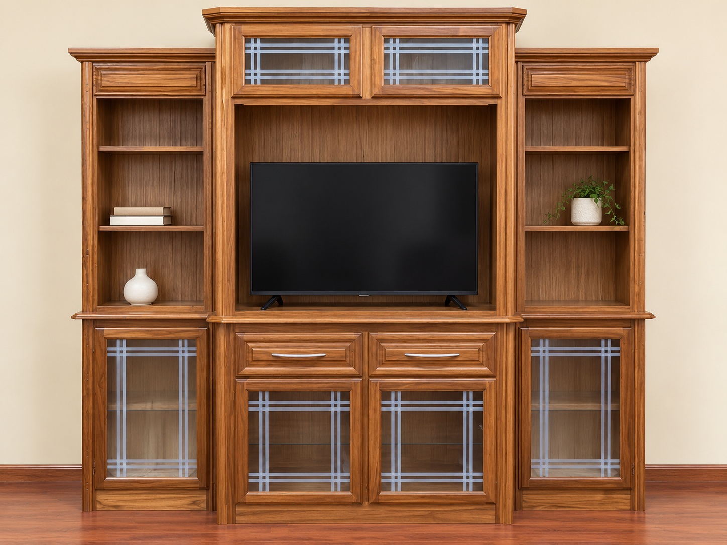 Glazed cupboards, display shelves and a central television recess