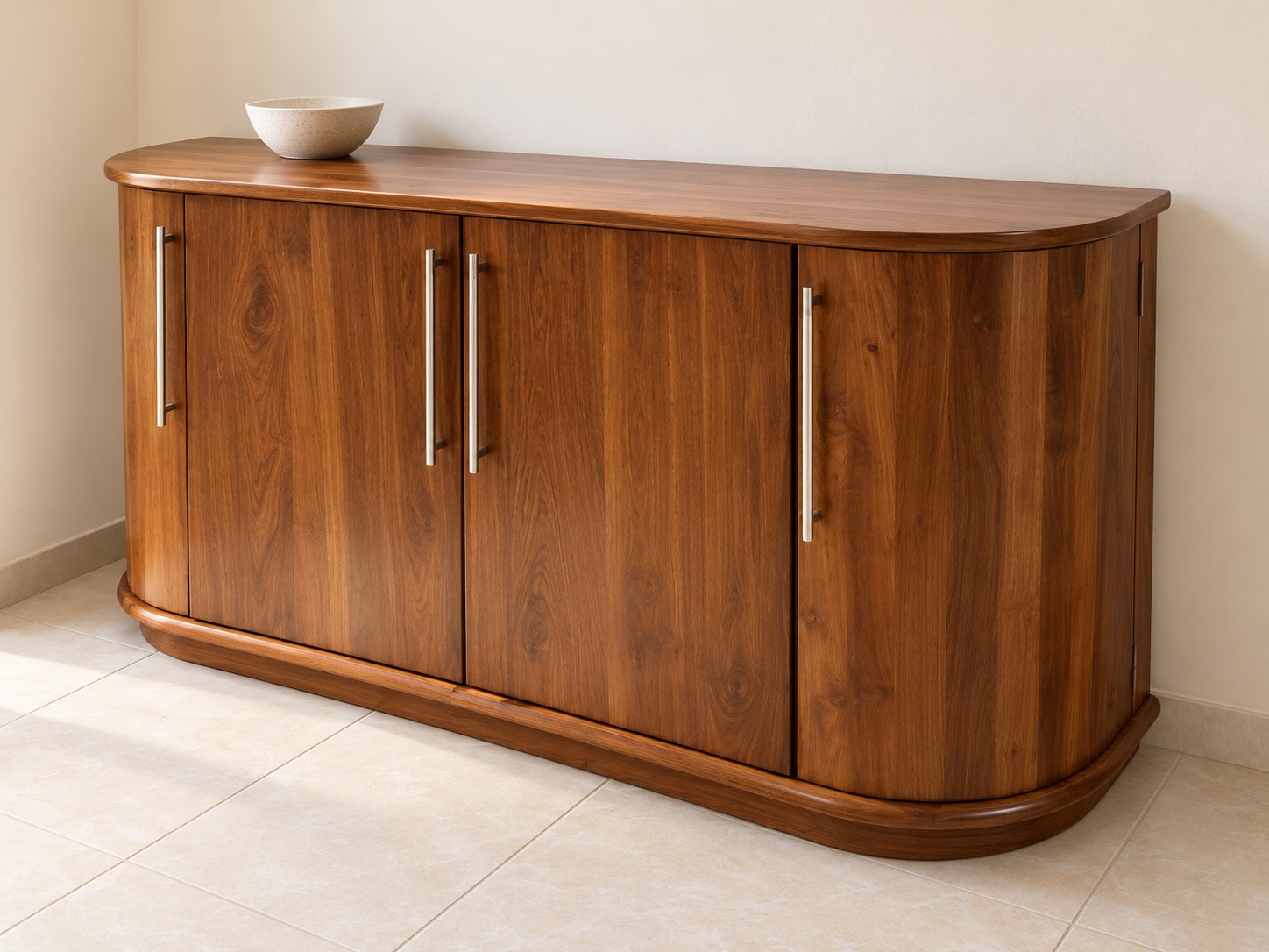 Rounded ends, warm timber grain and discreet concealed storage