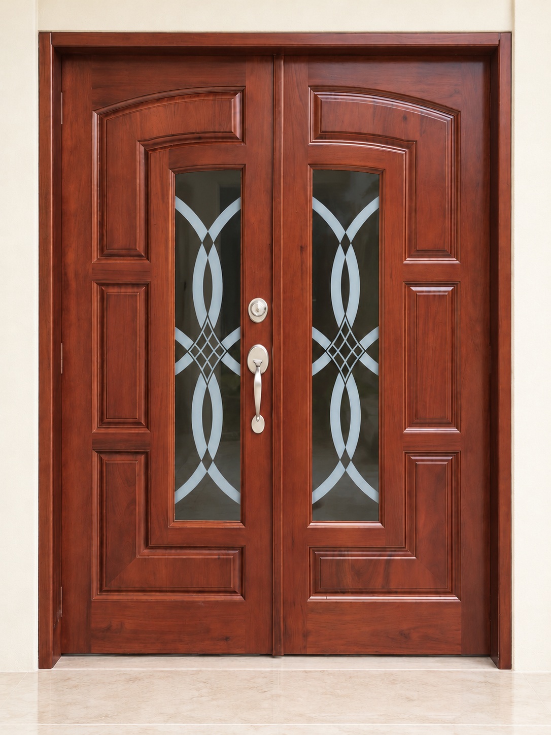 Paired timber doors with matching decorative glazing