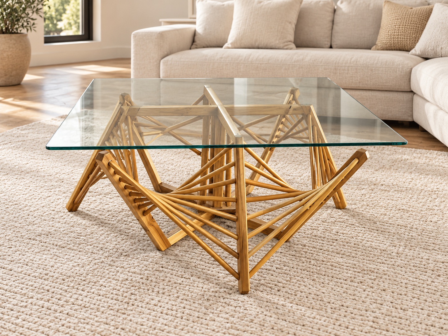A clear glass top on an angular gold-finish base