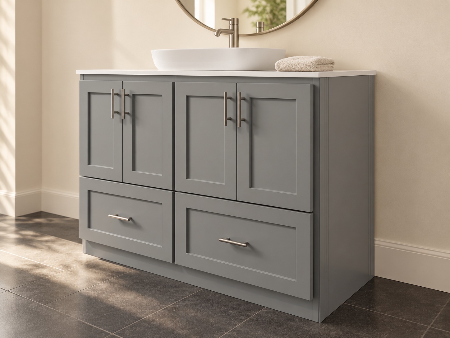 Four paneled doors and two broad lower drawers