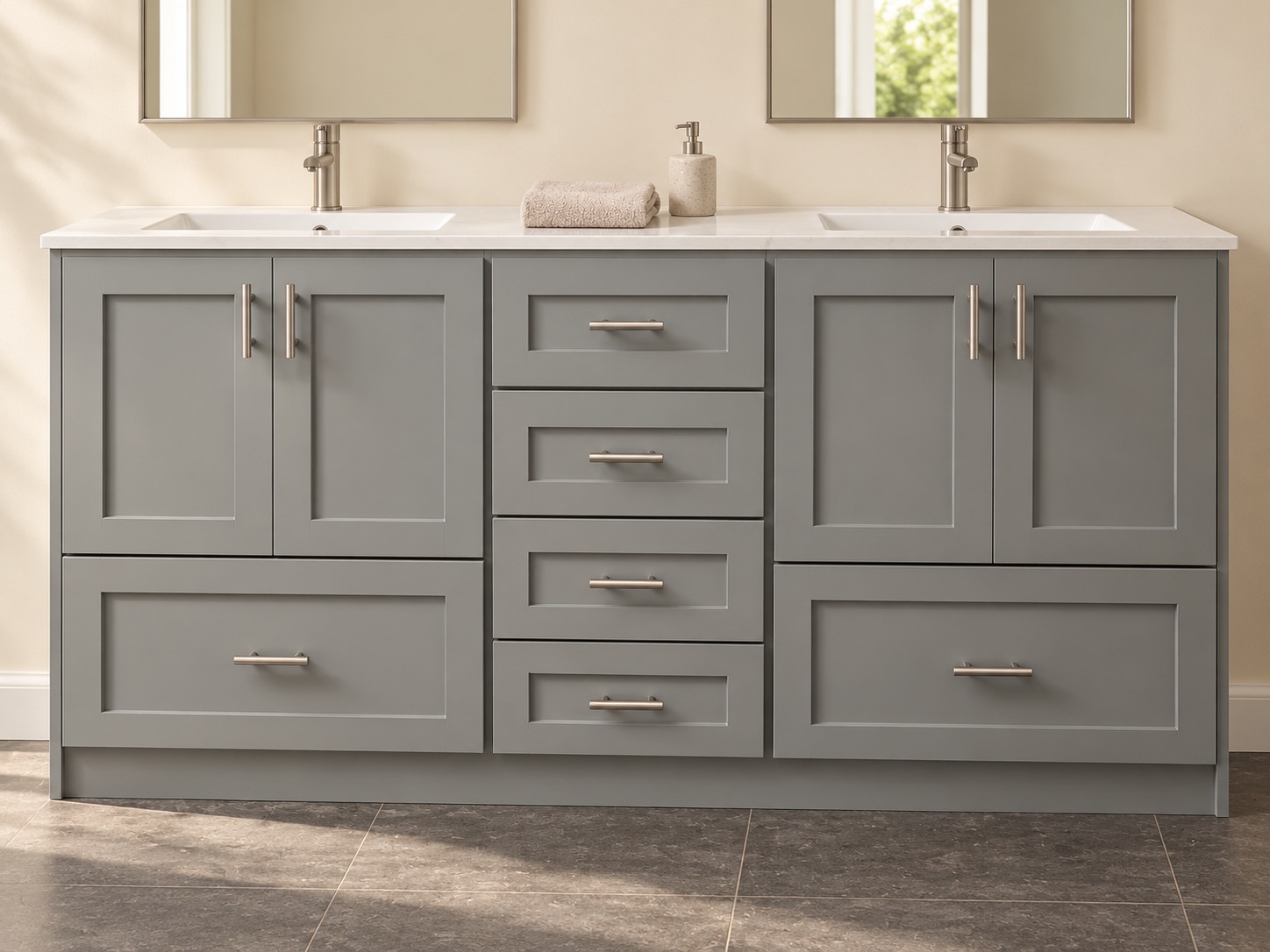 Shaker doors, centre drawers and brushed silver handles