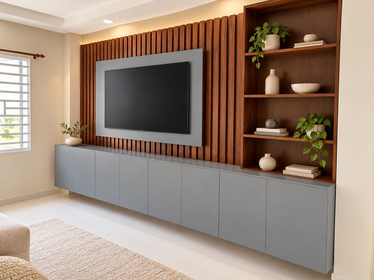 A slatted backdrop, display shelves and lower cabinets