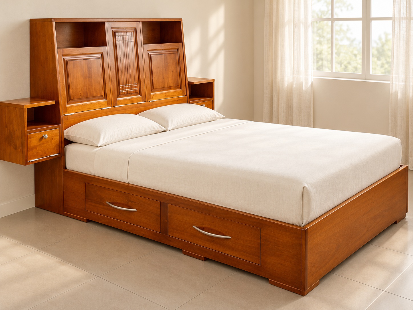 Integrated bedside units, headboard cubbies and drawer storage