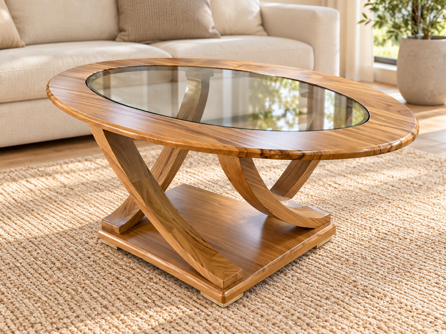 An oval glazed top and curved timber base
