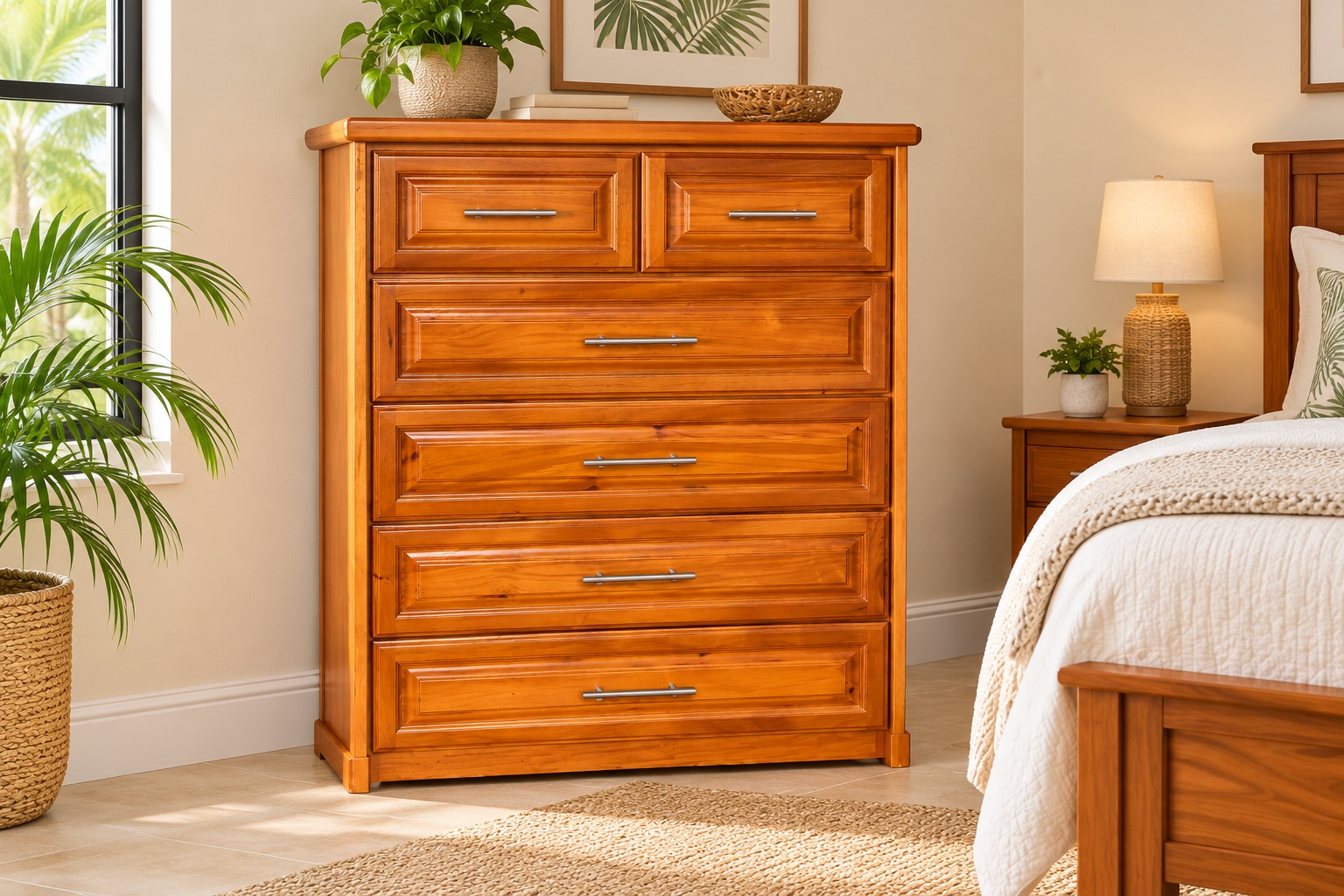 Warm timber grain, paneled drawer fronts and silver handles