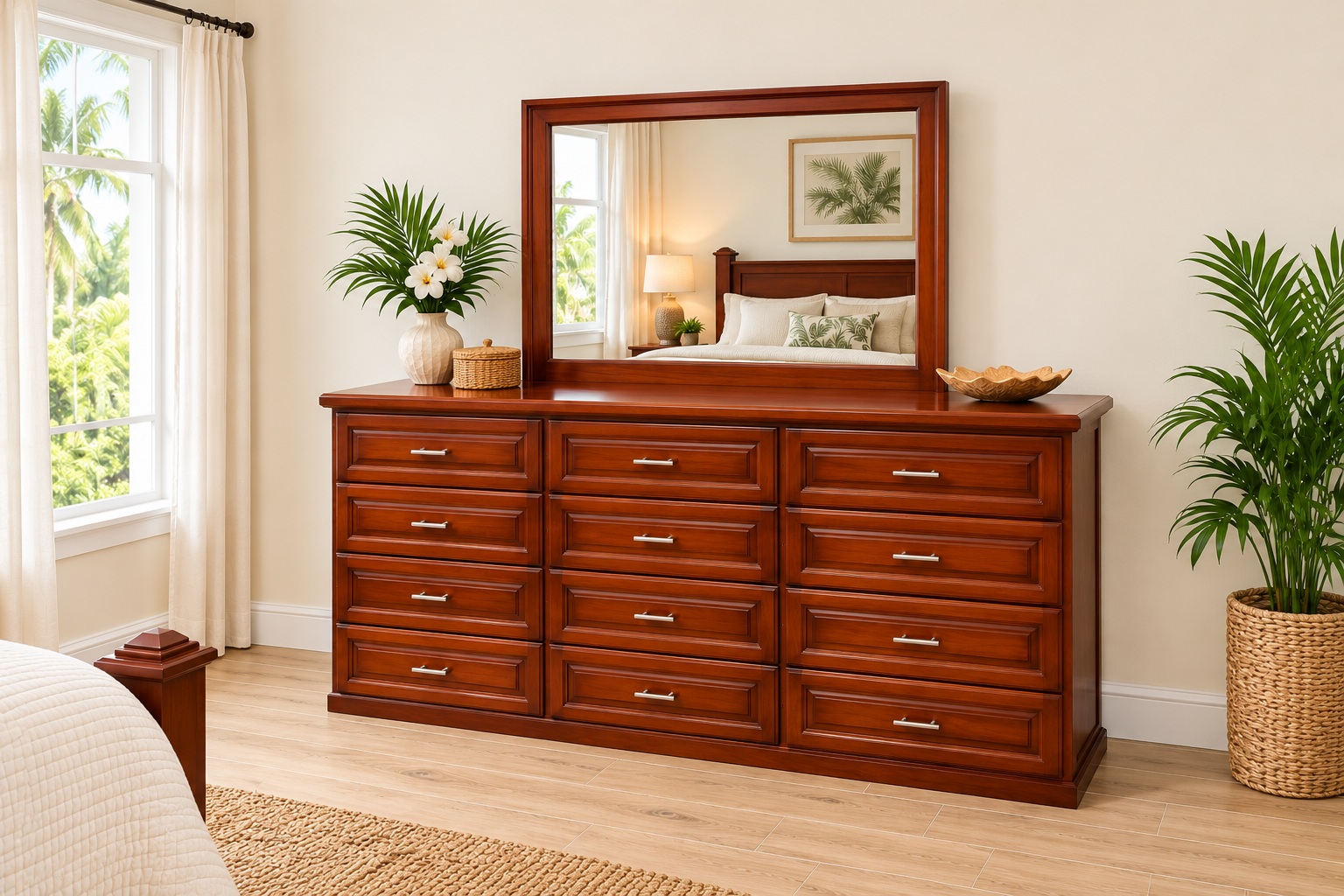Twelve drawers, a broad top and a matching framed mirror
