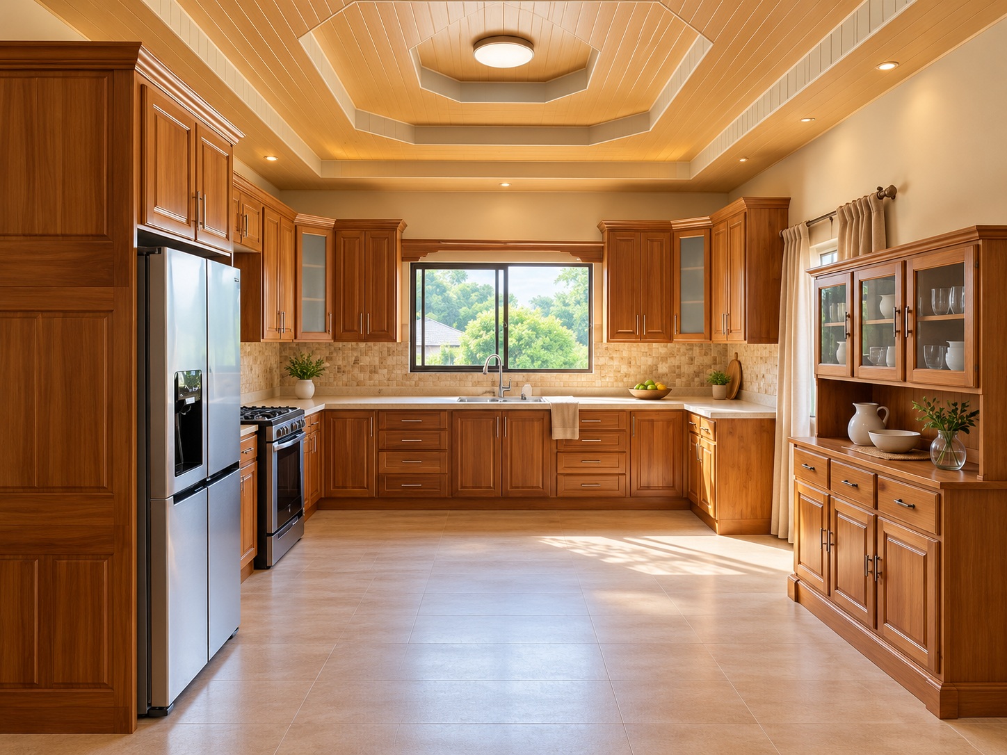 Timber-finish cabinetry and a coordinated storage hutch