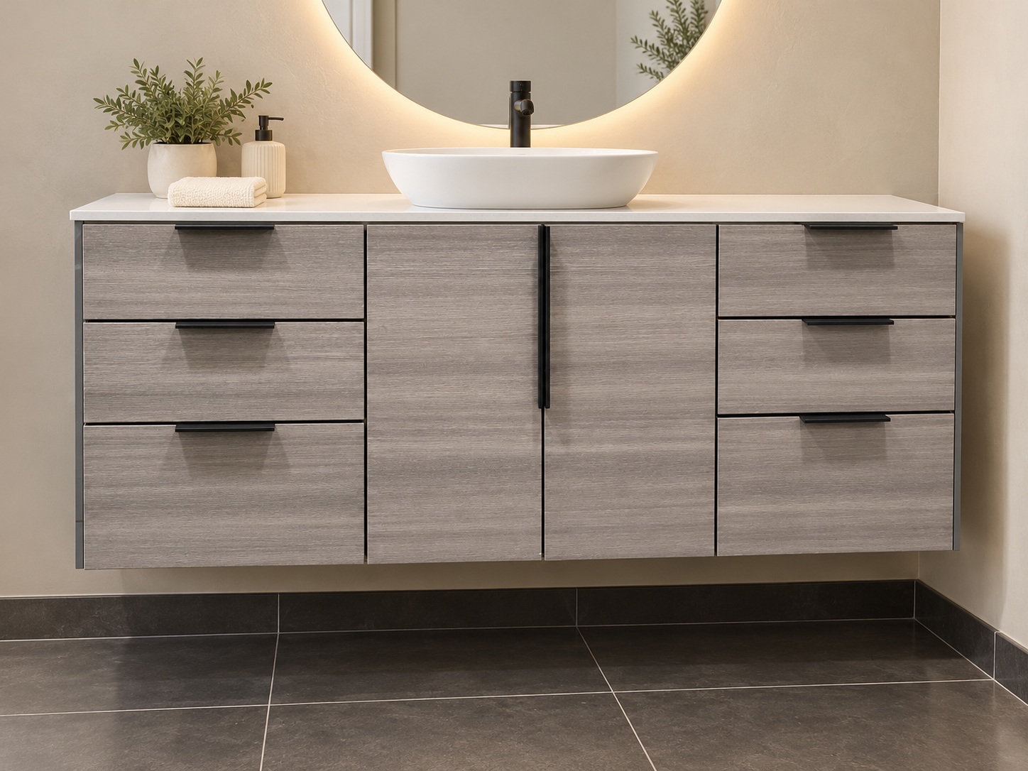Woodgrain-look cabinetry with drawers and centre doors