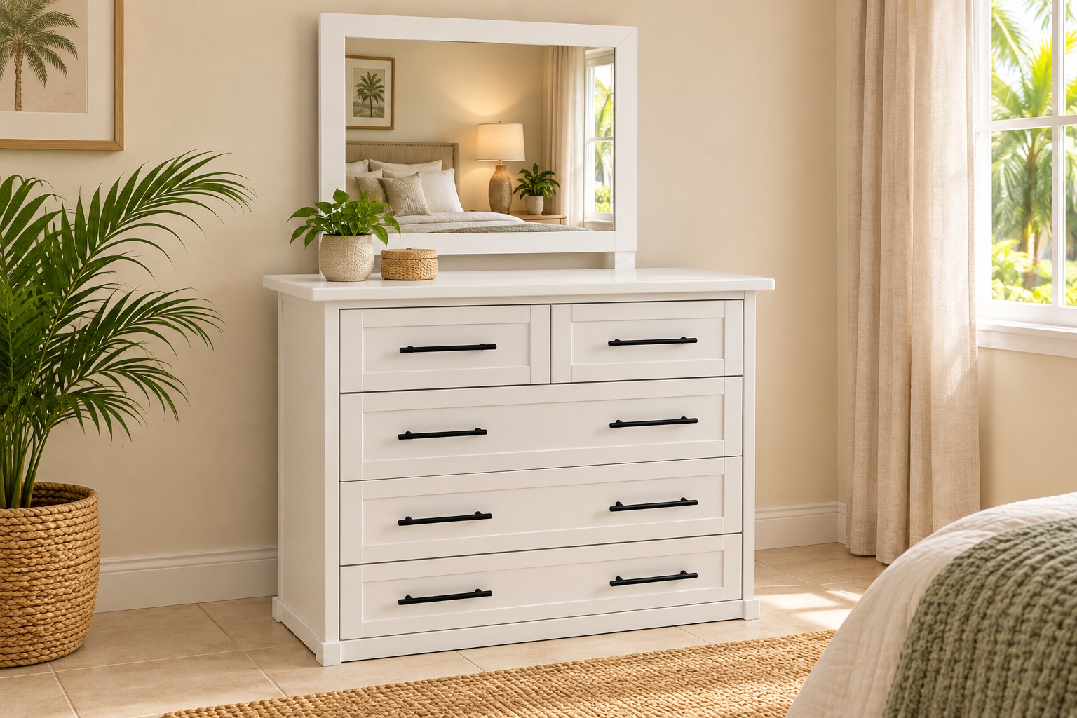 A framed mirror and five-drawer arrangement in white
