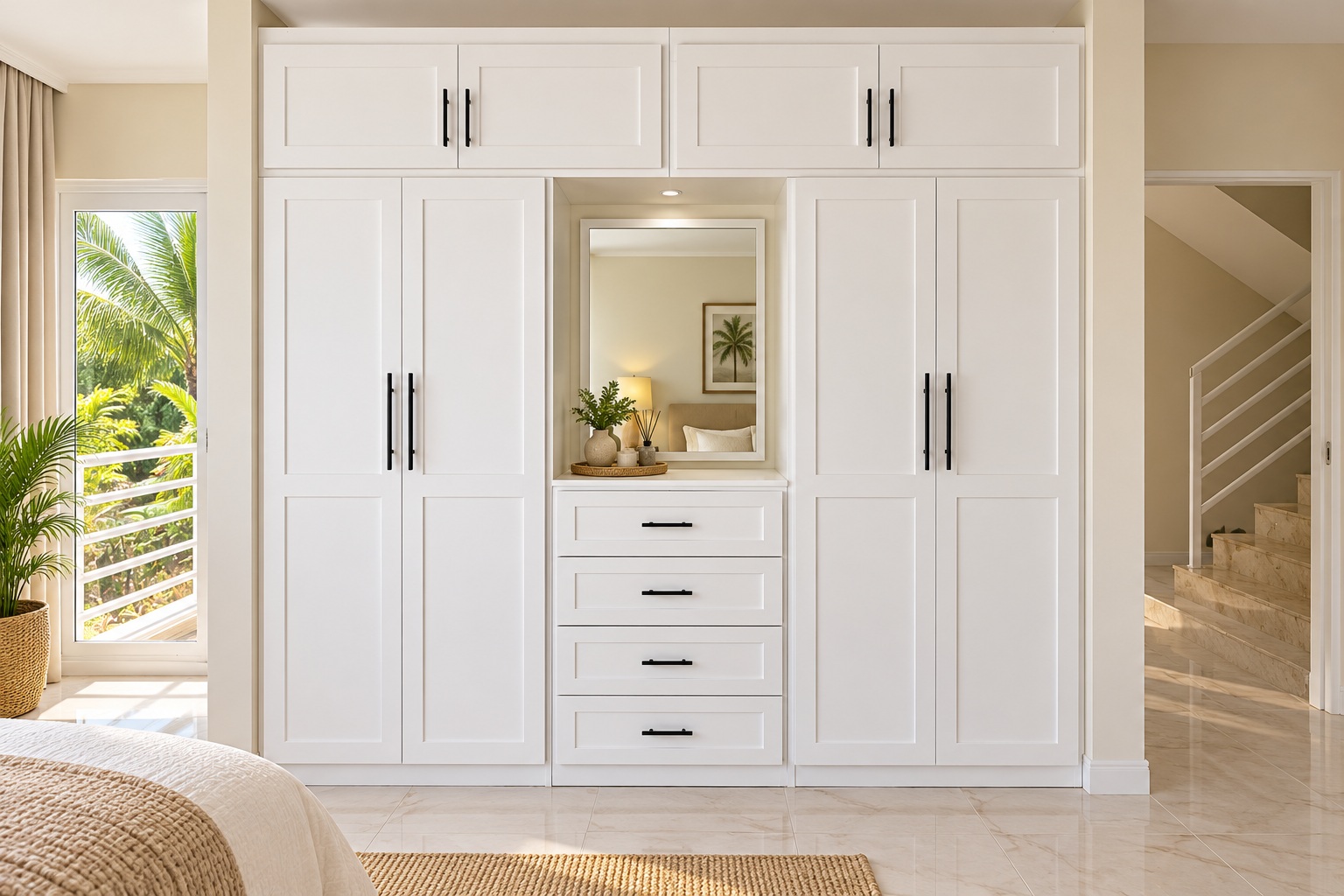 White paneled cupboards, a dressing recess and four central drawers