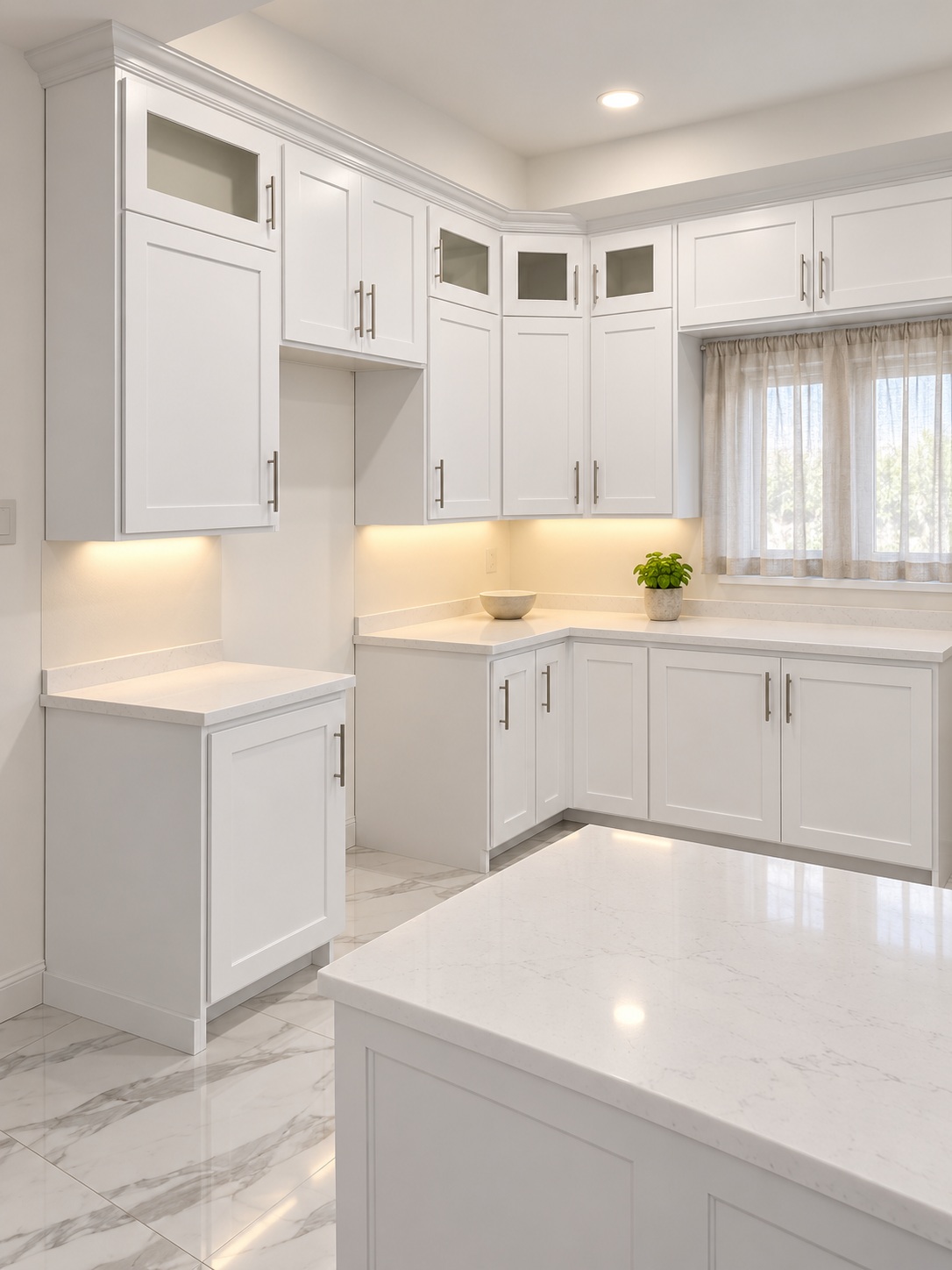 White paneled cabinetry with glazed upper details